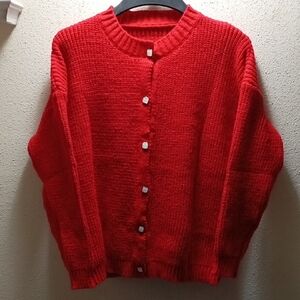 Classic Red Women's Sweater with Ivory Colored square Buttons Size L